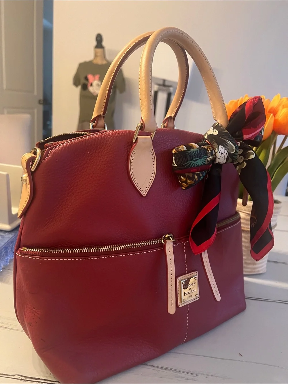 Dooney & Bourke Red Leather Satchel with Scarf Tie